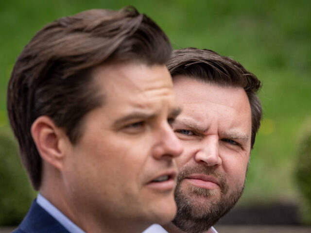 NEWARK, OH - APRIL 30: (L-R) Rep. Matt Gaetz (R-FL) and J.D. Vance, a Republican candidate