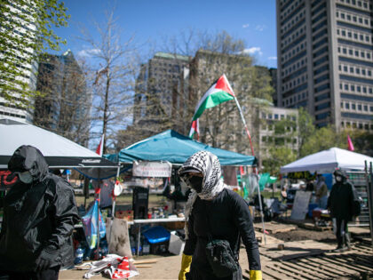 MAY 7: People set up fences around the tents as they gather for pro-Palestinian encampment