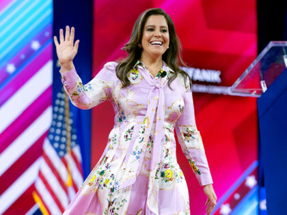 Republican Conference Chair Rep. Elise Stefanik, R-N.Y., waves to supporters as she speaks