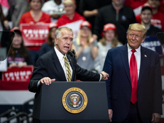 Senator Thom Tillis, a Republican from North Carolina, speaks while pointing to U.S. Presi