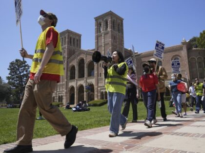 UCLA workers, students and supporters picket at Royce Quad at the University of California