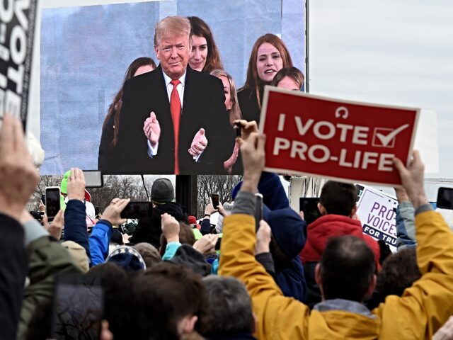 Pro-life demonstrators listen to US President Donald Trump as he speaks at the 47th annual