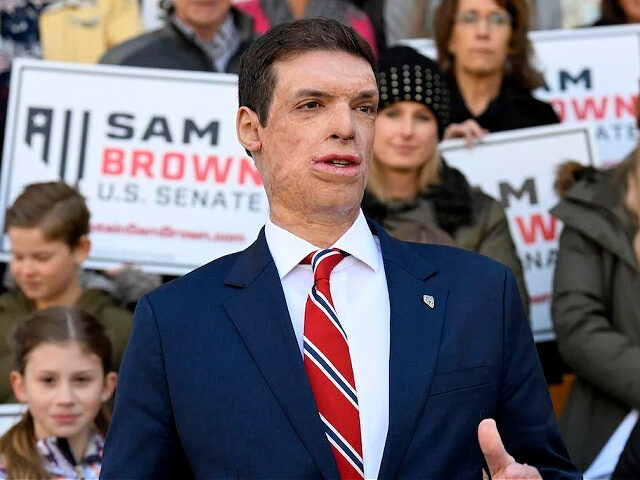 FILE - Republican U.S. Senate candidate Sam Brown speaks after filing his paperwork to run