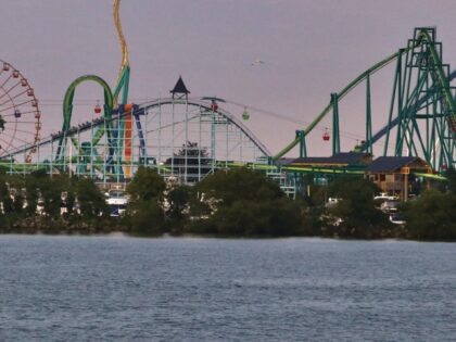 Distant Amusement Park, Cedar Point Amusement Park, Sandusky, Ohio, USA - stock photo (Dou
