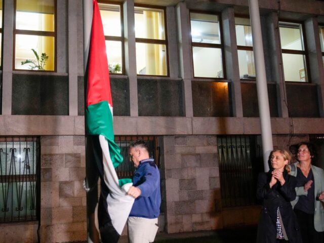 The Palestinian flag is raised in front of the Slovenian parliament building after the vot