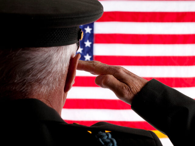 Senior veteran man in military uniform saluting American flag - stock photo