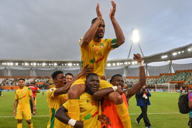 Benin captain and match-winner Steve Mounie (C) celebrates a 2026 World Cup qualifying vic