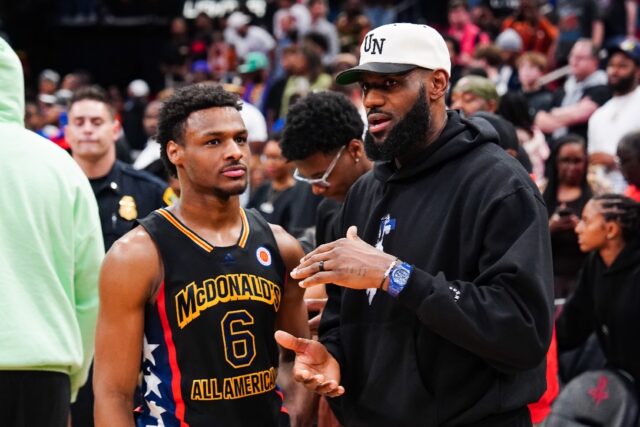 Bronny James, left, was selected by the Los Angeles Lakers with the 55th pick in the NBA D