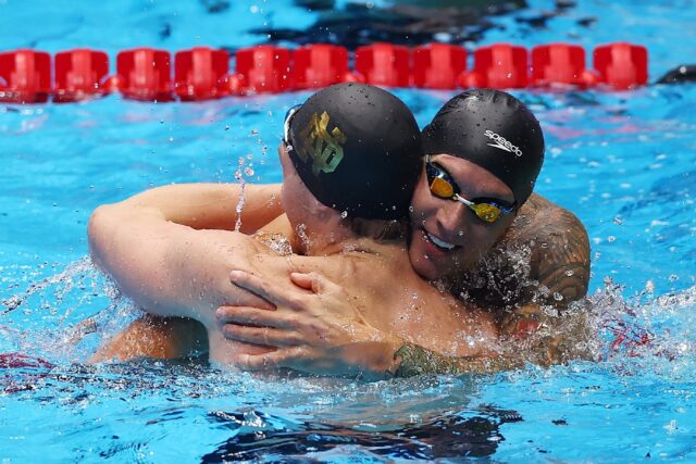 Caeleb Dressel and Chris Guiliano share a hug after finishing one-two in the 50m freestyle
