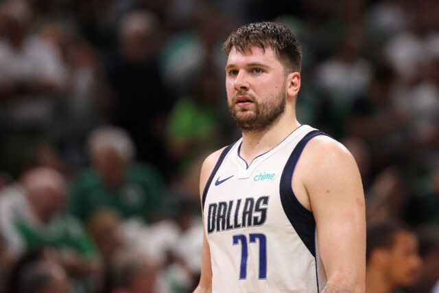 Dallas star Luka Doncic looks on during the Mavs' season-ending loss to the Boston Celtics