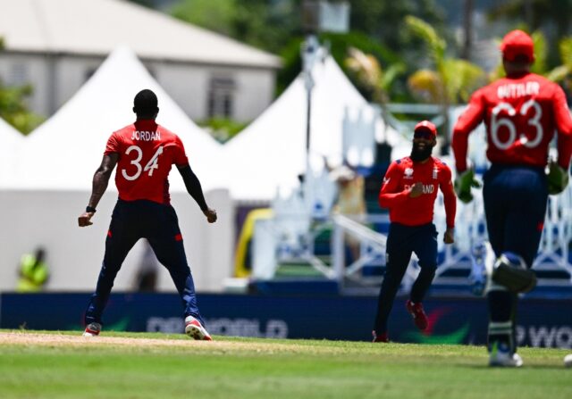 Hat-trick: England's Chris Jordan celebrates after dismissing USA's Saurabh Netravalkar to