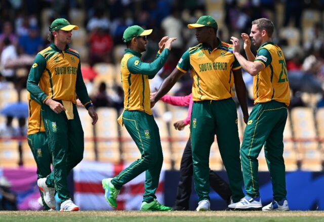 Joy of victory: South Africa celebrate their Super Eights win over England in a T20 World