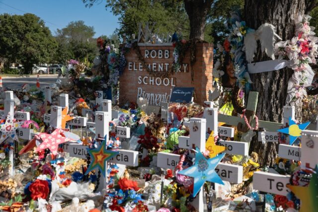 A memorial at Robb Elementary School in Uvalde, Texas where 19 children and two adults wer