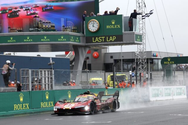 Nicklas Nielsen crosses the line in his Ferrari to win the Le Mans 24-hour race