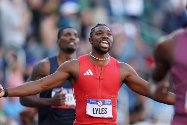 Reigning world 100m champion Noah Lyles reacts after winning the 100 at the US Olympic ath