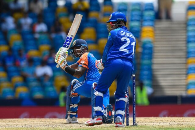 In the runs: India's Suryakumar Yadav hits a four as Afghanistan's Rahmanullah Gurbaz look