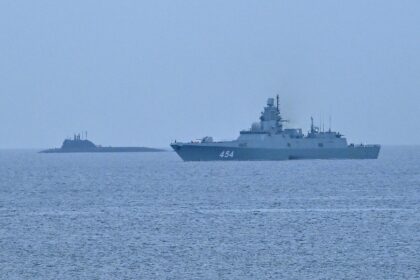 The Russian nuclear-powered submarine Kazan and the frigate Admiral Gorshkov, part of the