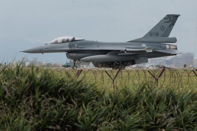 A Taiwanese Air Force F-16 fighter jet taxis after landing at an air force base in Taiwan