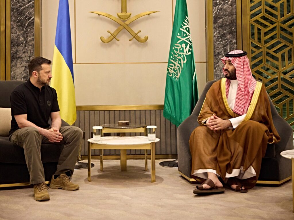 In this photo provided by the Ukrainian Presidential Press Office, Saudi Crown Prince Mohammed bin Salman, right, meets with Ukrainian President Volodymyr Zelenskyy in Jeddah, Saudi Arabia, Wednesday, June 12, 2024. (Ukrainian Presidential Press Office via AP)