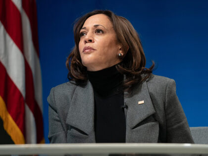 Vice President Kamala Harris listens during a virtual tour of the Community Vaccination Ce