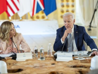 President Joe Biden speaks alongside Prime Minister Giorgia Meloni of Italy during a meeti