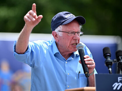 NEW YORK, NEW YORK - JUNE 22: Bernie Sanders speaks at a rally endorsing Jamaal Bowman at