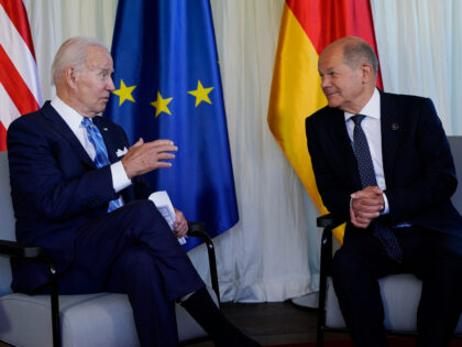 FILE - President Joe Biden and German Chancellor Olaf Scholz speak during a bilateral meet