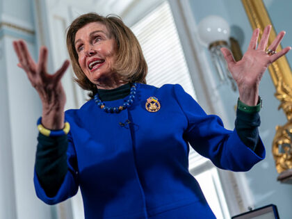 Former House Speaker Nancy Pelosi, D-Calif., talks in her so-called hideaway office during