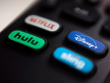 The logos for streaming services Netflix, Hulu, Disney Plus and Sling TV are pictured on a