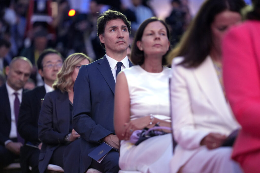 Canada's Prime Minister Justin Trudeau sits in the audience before President Joe Biden delivers remarks on the 75th anniversary of NATO at the Andrew W. Mellon Auditorium, Tuesday, July 9, 2024, in Washington. (AP Photo/Evan Vucci)