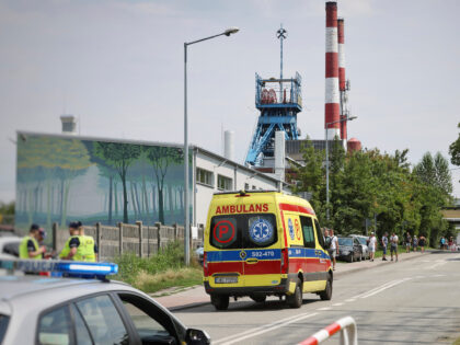 An ambulance heads into the Rydultowy coal mine near the city of Rybnik, in southern Polan
