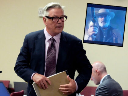 TOPSHOT - Actor Alec Baldwin stands during a break his trial in Santa Fe County District C