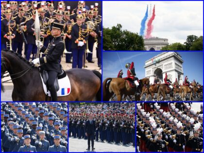 France's President Emmanuel Macron (C) reviews the troops during the Bastille Day mil