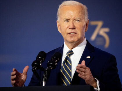 U.S. President Joe Biden speaks during a NATO 75th anniversary celebratory event at the An