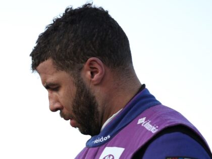Bubba Wallace, driver of the #23 Leidos Toyota, reacts after the NASCAR Cup Series Bank of