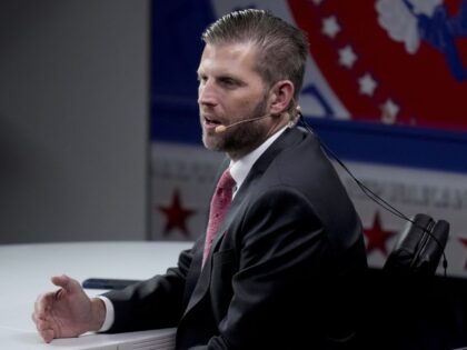Eric Trump does a television interview before the Republican National Convention Tuesday,