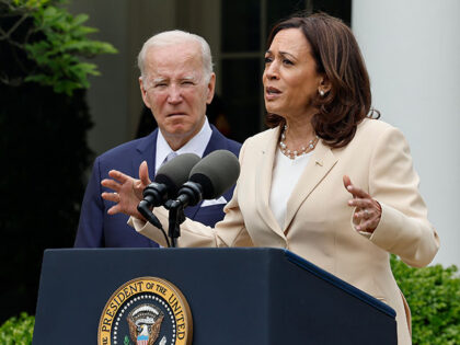 U.S. Vice President Kamala Harris delivers remarks with President Joe Biden during an even