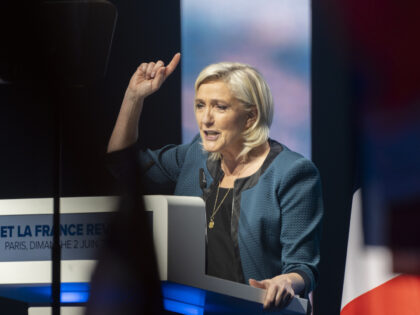 Marine Le Pen, leader of National Rally, speaks during a European election campaign rally