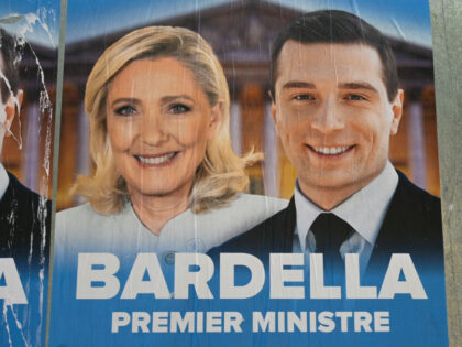 Poster of the Rassemblement National party, with Marine Le Pen and Jordan Bardella on it,