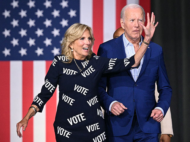 President Joe Biden and First Lady Jill Biden arrive to speak at a campaign event in Ralei