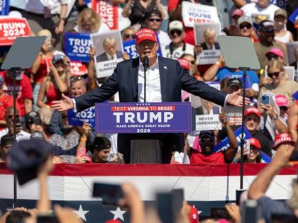 Former US President Donald Trump speaks during a campaign event at Historic Greenbrier Far