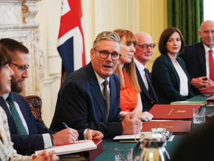 Britain's Prime Minister Keir Starmer (C) chairs the first meeting of his cabinet at 10 Do