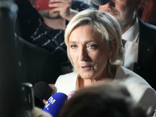 French Rassemblement National (RN) far-right party's leader Marine Le Pen talks the press