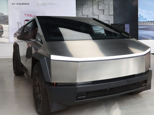 NEW YORK, NEW YORK - JULY 05: A Tesla Cybertruck is seen on display in a Tesla showroom on