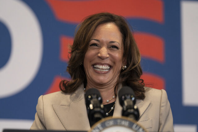 US Vice President Kamala Harris speaks during a campaign event at Westover High School in