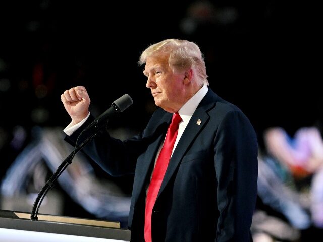 Former US President Donald Trump arrives to speak during the Republican National Conventio