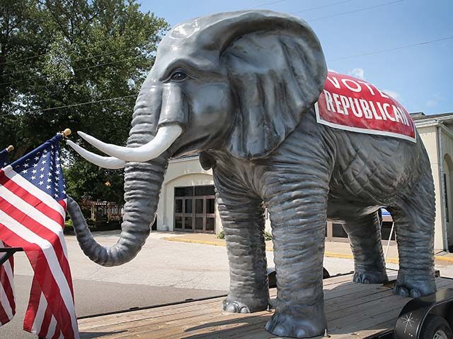 A Republican elephant prop sits in front of the Starlite Ballroom at The Mississippi Valle