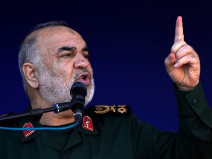Chief of Iran's paramilitary Revolutionary Guard Gen. Hossein Salami addresses the funeral