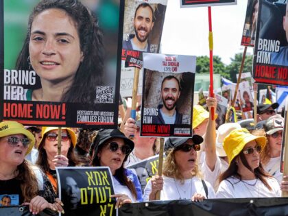 Demonstrators march during a protest by the mothers and relatives of Israelis held hostage