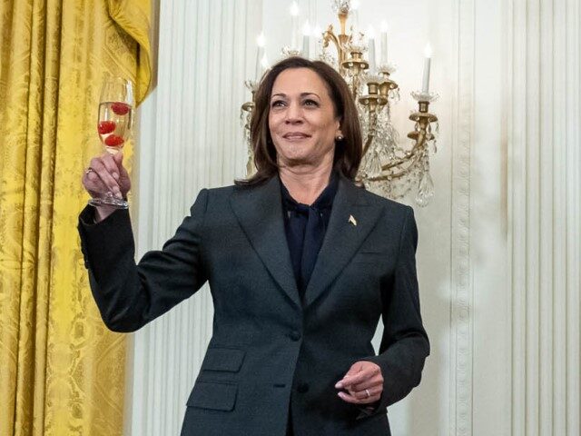 President Joe Biden and Vice President Kamala Harris raise their glasses in a toast at a r